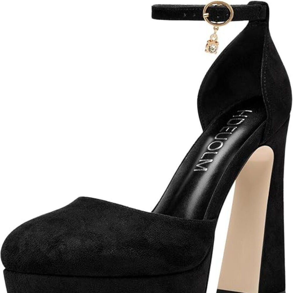 NIB. Women's Platform Chunky Heels. Black Suede/Crushed Velvet Style. Size 8.5 - Picture 2 of 5